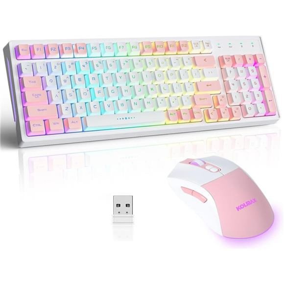 Wireless Gaming Keyboard and Mouse Combo,Rechargeable RGB White Gaming Keyboard - Picture 1 of 6